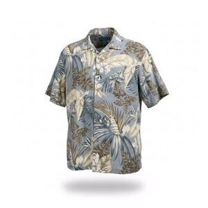 Paradise Blue Mens Large 100% Silk Tropical Leaf Print‎ Short Sleeve Camp Shirt